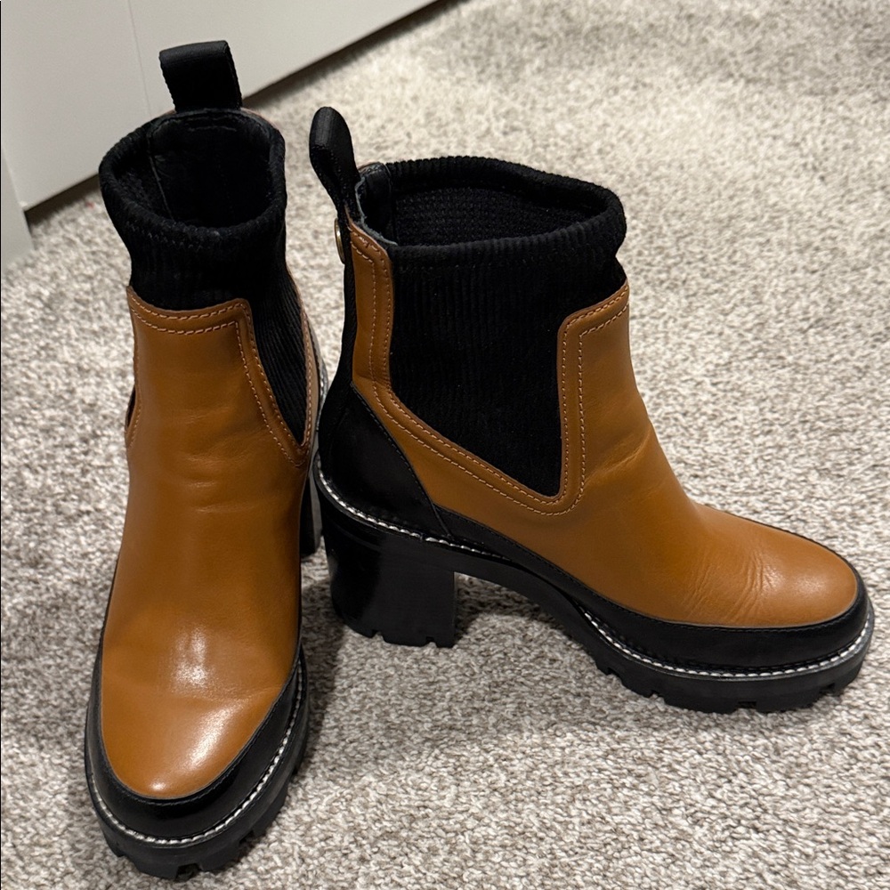 Tory Burch Tan and Black Ankle Boots